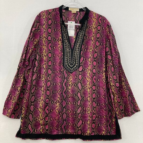 New Michael Michael Kors size 1X Purple Black Split Neck Reptile Print Boho Top - Picture 1 of 11